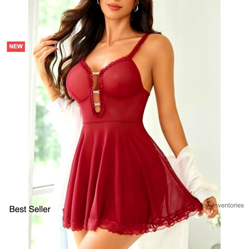 Lace Babydoll Chemise Deep V Neck Sleepwear Elegant Boudoir Nightwear - Picture 4 of 6